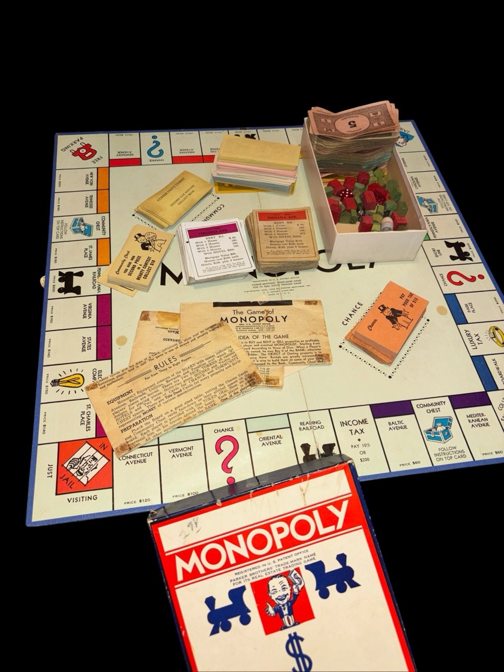 Antique Vintage Parker Brothers Monopoly Board Game Wooden Pieces & Metal Tokens